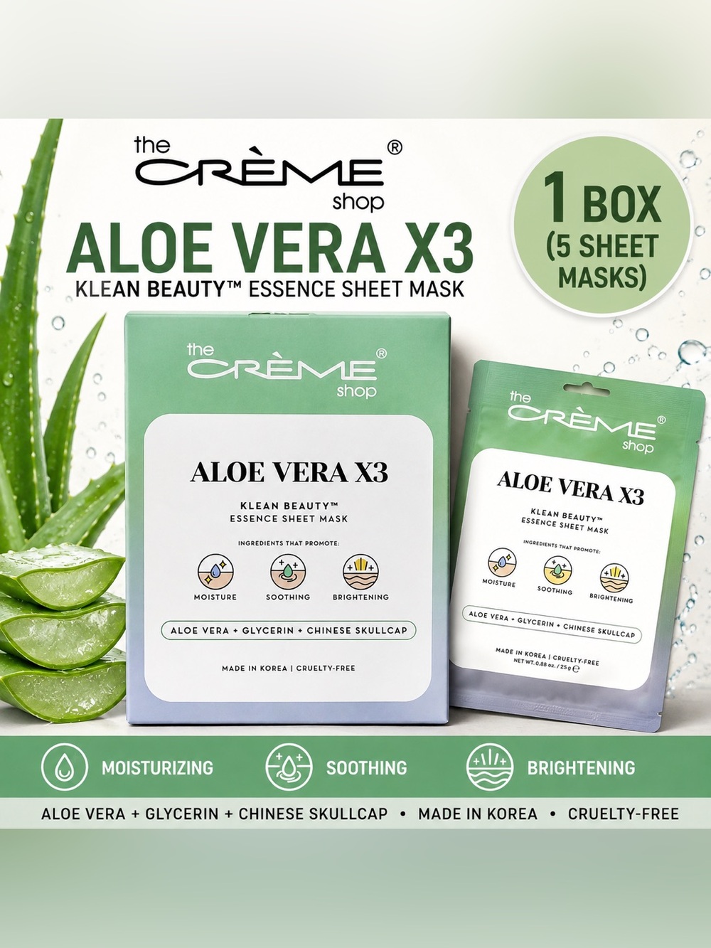 🍃 The Crème Shop Aloe Vera X3 Sheet Mask — 1 Box (5 Sheet Masks)